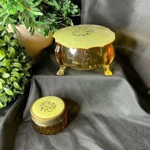 Beautiful vintage ART DECO amber glass powder and cream jars with celluloid lids